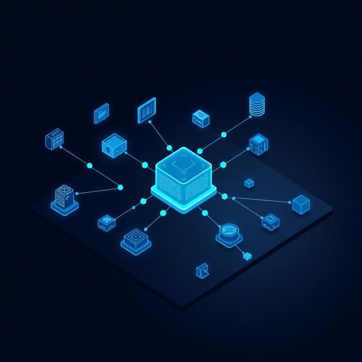 Isometrische illustratie van een agentic AI-systeem met centrale agent en verbonden tools