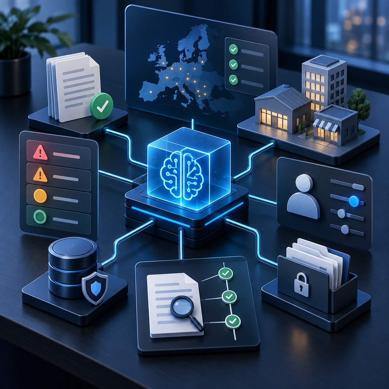Illustratie van AI-governance met verbonden systemen, controles en documentatie