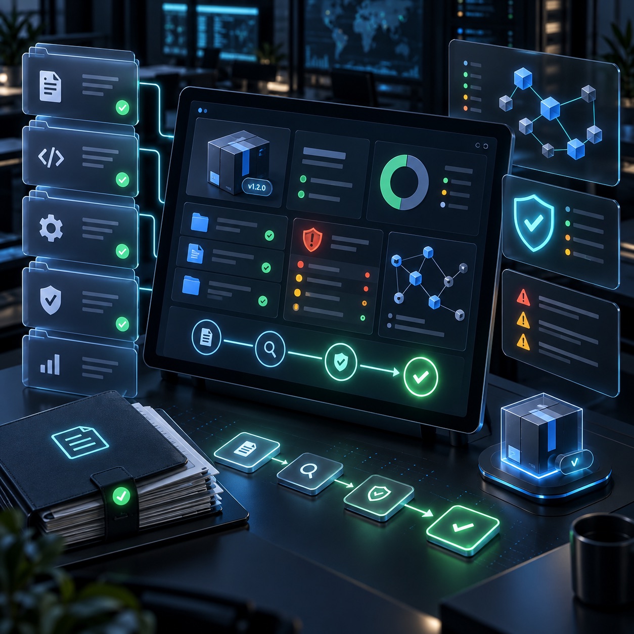 Illustratie van software-releasebeheer met bewijsstukken, risico's en beveiligingscontroles