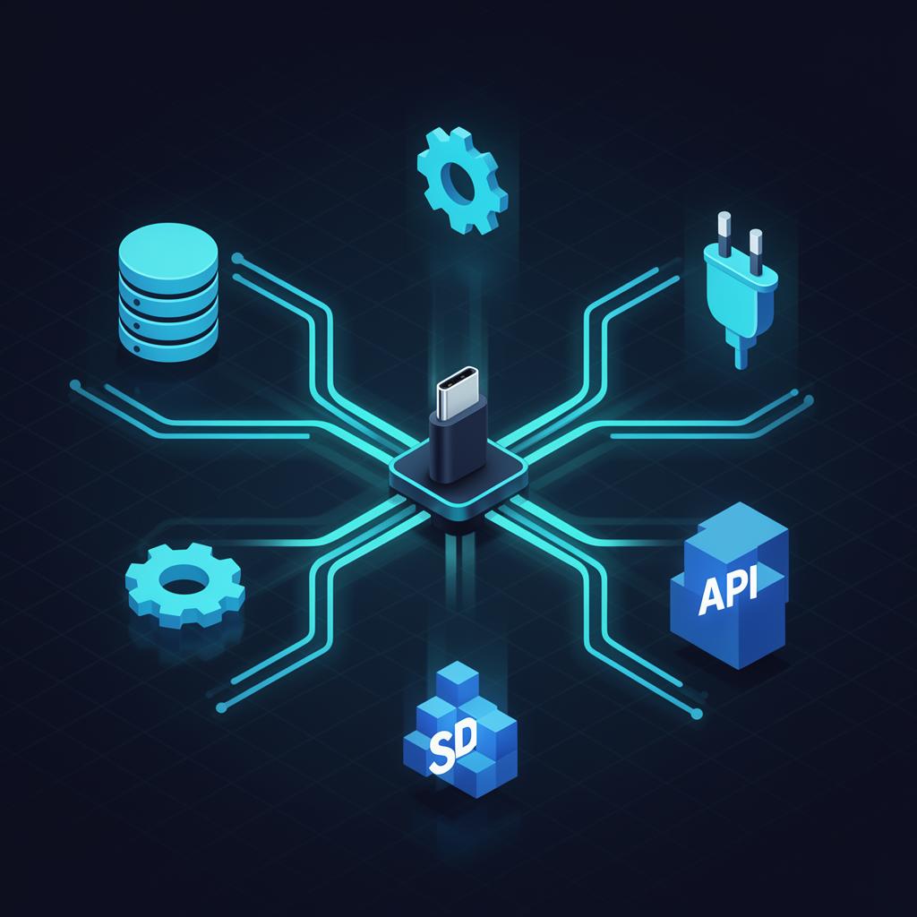 Isometrische illustratie van het Model Context Protocol met centrale connector en tools