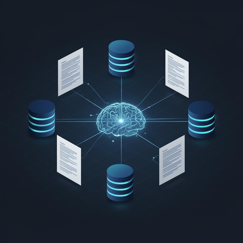 Schematische illustratie van RAG: een AI-knooppunt verbonden met documenten en databases